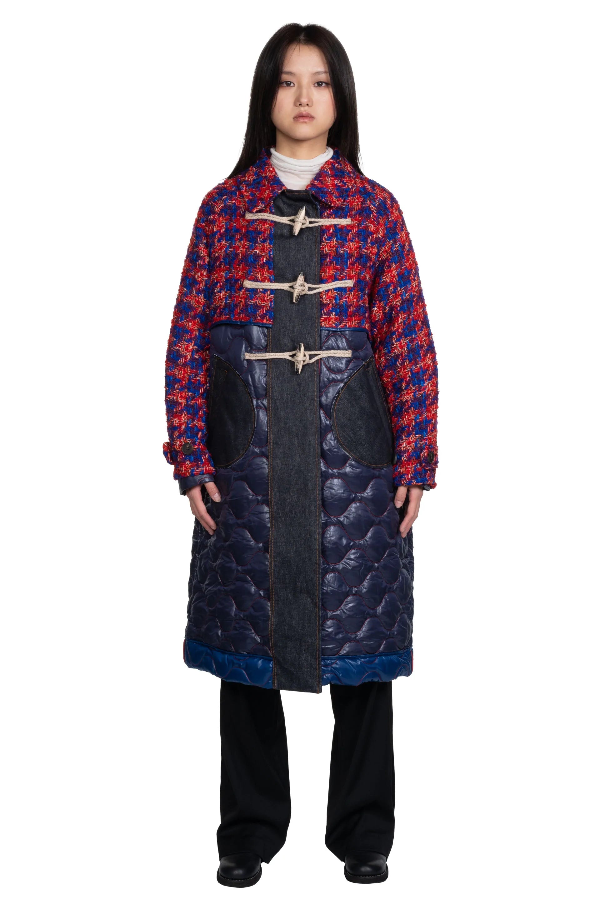 Maya Tweed Quilting Trench Coat Navy Asymmetrical Collar Hooded Zippered