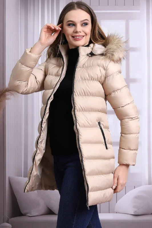 Women's Cream Plush Microgel Inflatable Coat Collared Crew Neck Turtle Neck