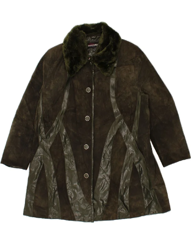 GIORGIO MOBIANI Womens Leather Coat UK 20 2XL Khaki Leather Asymmetrical Collar Hooded Zippered