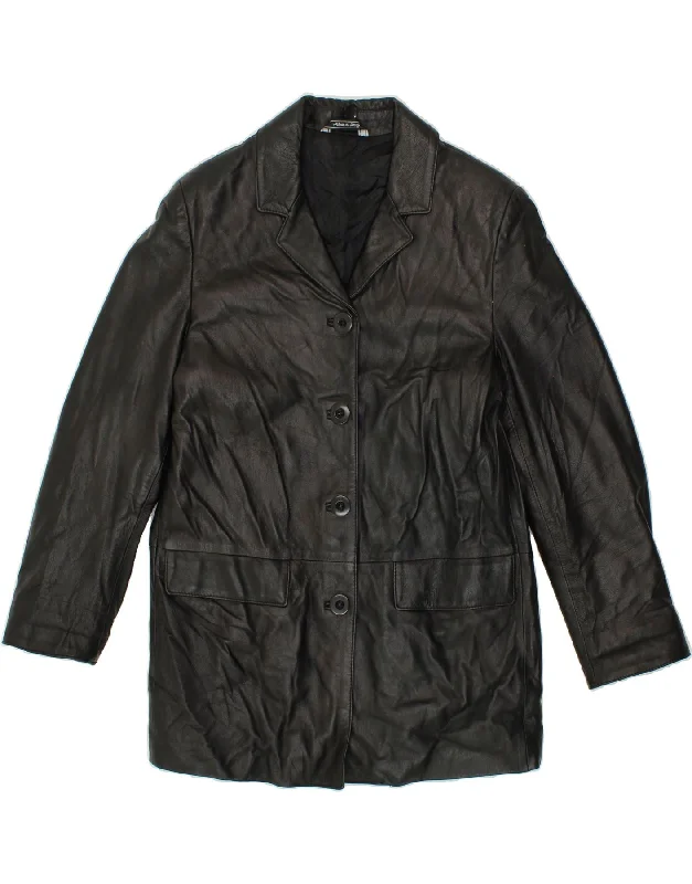 VINTAGE Womens Leather Coat UK 14 Medium Black Leather Mesh Canvas Denim