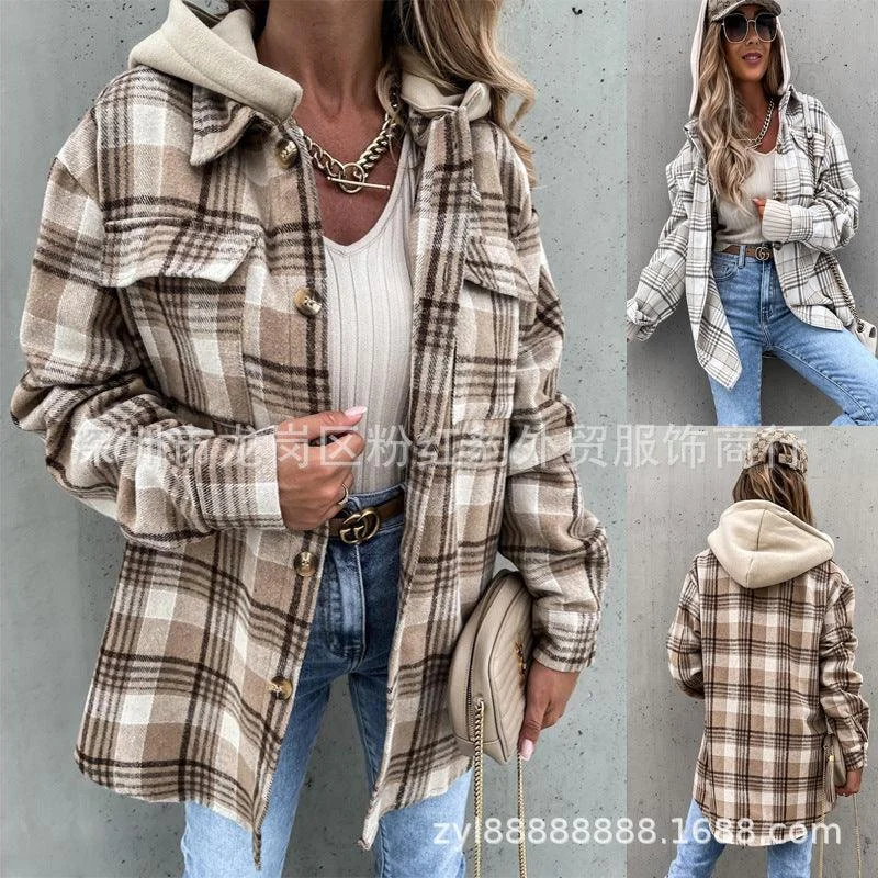 Women's Coat Fashion Hooded (Detachable) Woolen Plaid Coat Elasticated Drawstring Belted