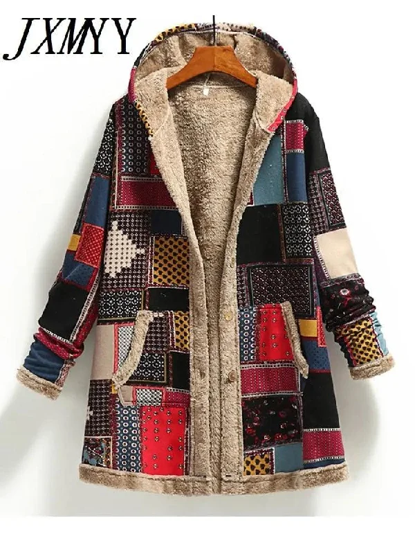 Women Warm Printing Thick Fleece Hooded Coat Herringbone Houndstooth Plaid