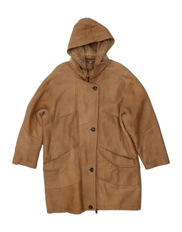 CHRIST Womens Hooded Leather Coat EU 44 XL Brown Leather Knit Woven Fleece
