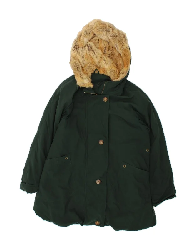 VINTAGE Womens Hooded Padded Coat UK 16 Large Green Tie-Waist Belted Drawstring