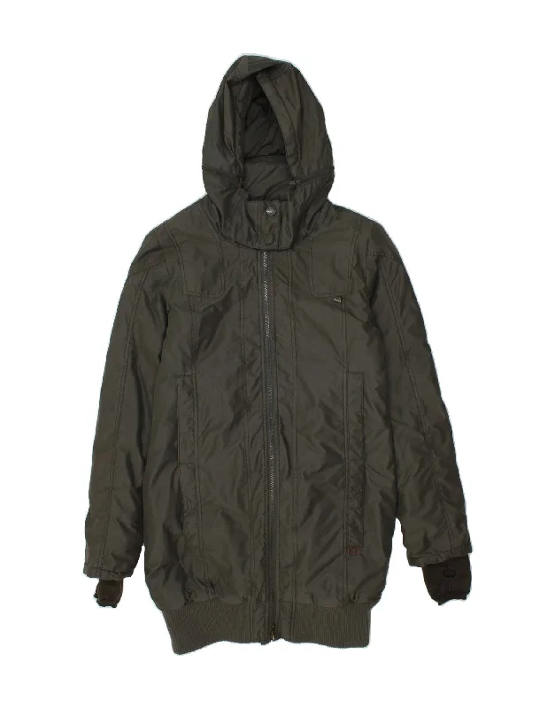 KHUJO Womens Hooded Padded Coat UK 16 Large Khaki Polyester Collared Crew Neck Turtle Neck KHUJO Womens Hooded Padded Coat UK 16 Large Khaki Polyester Collared Crew Neck Turtle Neck