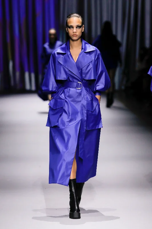 Blue Oversized Trench Coat with Belt Mesh Canvas Denim