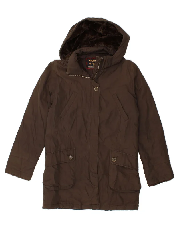 WOOLRICH Womens Hooded Padded Coat UK 12 Medium Brown Kimono Robe Cloak