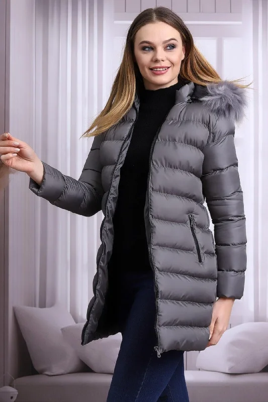 Gray Color Women's Plush Microgel Inflatable Coat Hook-and-Loop Buckled Tied