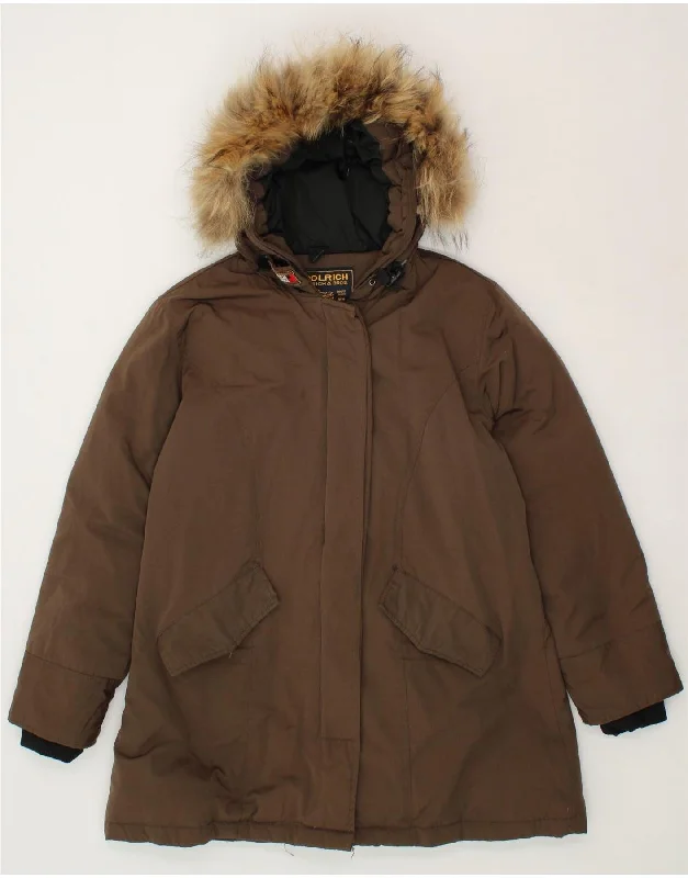 WOOLRICH Womens Hooded Padded Coat UK 18 XL Brown Cotton Embroidered Appliqued Beaded
