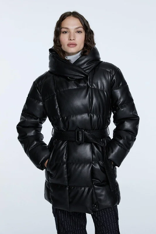 Arched Faux Leather Inflatable Coat Front Pockets Side Pockets Patch Pockets