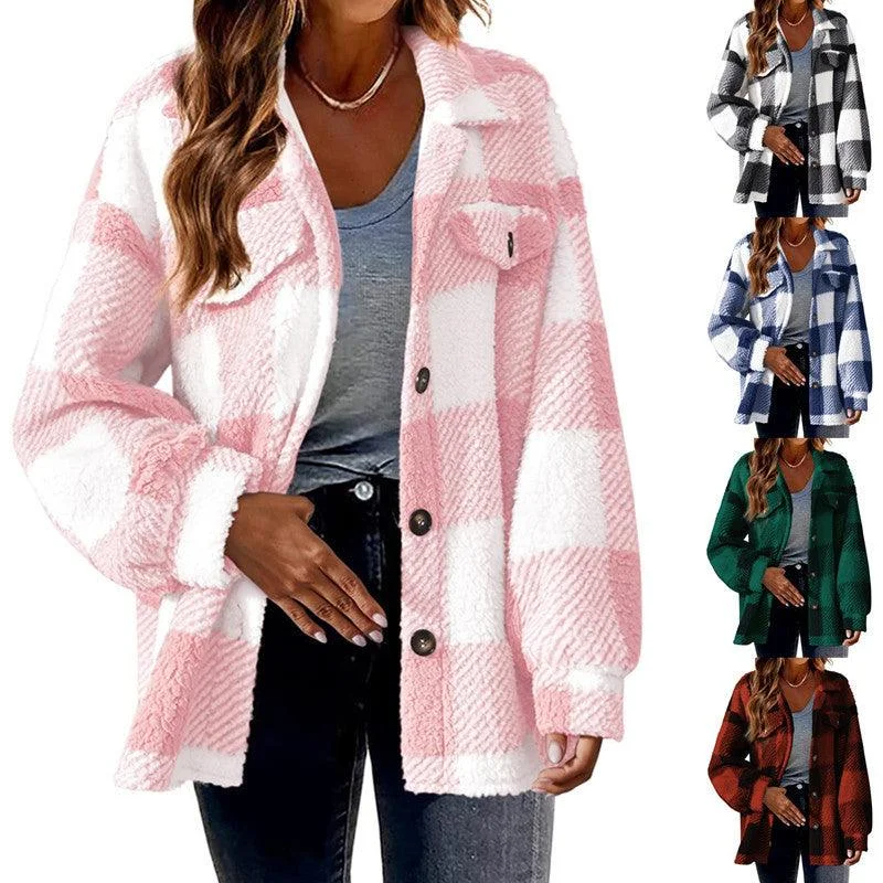 Women's plaid lamb fleece button plush coat Mesh Canvas Denim