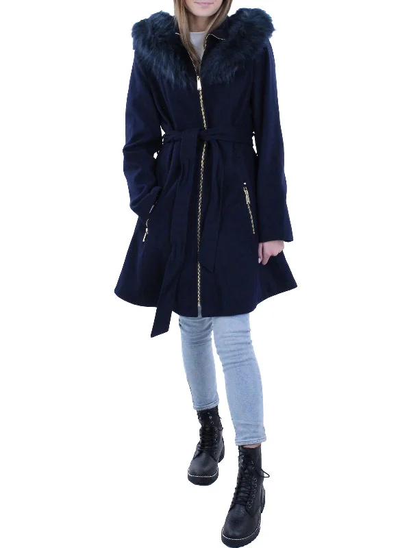 Womens Faux Fur Midi Wool Coat Down Puffer Quilted