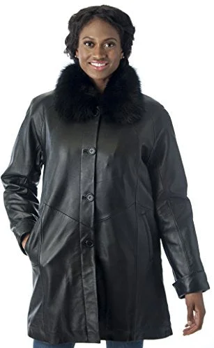 REED Women's Imported Lamb Leather Swing Coat with Real Fox Fur Collar Trench Raincoat Windbreaker