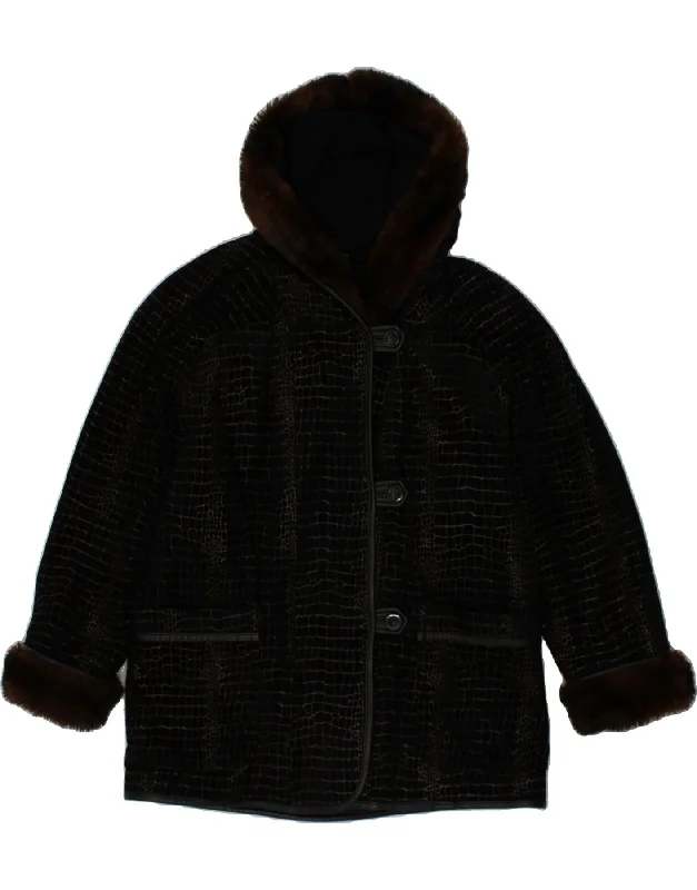 VINTAGE Womens Hooded Leather Coat EU 44 XL Black Animal Print Leather Three-Quarter Sleeve Elbow Sleeve Wrist Sleeve VINTAGE Womens Hooded Leather Coat EU 44 XL Black Animal Print Leather Three-Quarter Sleeve Elbow Sleeve Wrist Sleeve