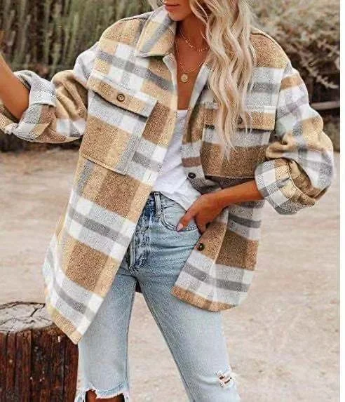 Women's Long Sleeve Plaid Wool Coat Boat Neck Jacket Square Neck Jacket One-Shoulder Jacket