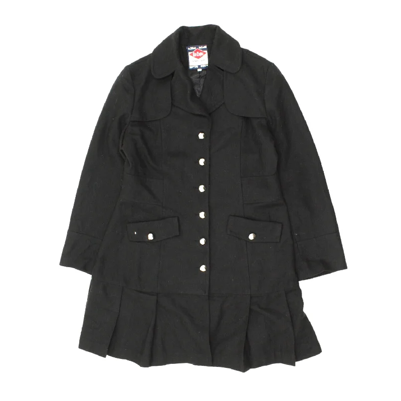 Lee Cooper Womens Long Black Wool Coat | Vintage High End Designer VTG Zip Front Button Front Snap Front Lee Cooper Womens Long Black Wool Coat | Vintage High End Designer VTG Zip Front Button Front Snap Front