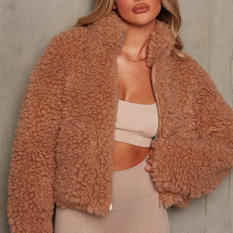 Fluffy Fleece Coats Women Off-the-Shoulder Jacket Double-Breasted Coat Single-Breasted Coat