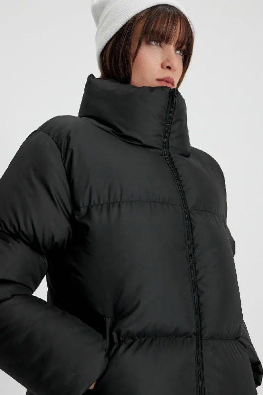 Women's Black Owersize Filled Inflatable Waterproof Coat Tbg069 Fitted Loose Oversized