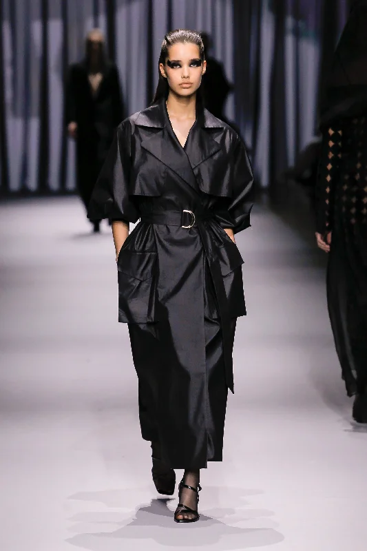 Black Oversized Trench Coat with Belt Chenille Brocade Lace