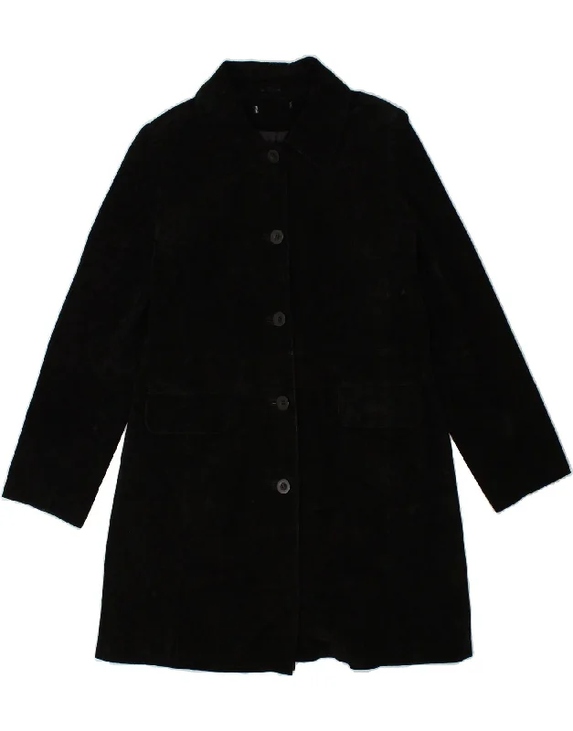 VINTAGE Womens Leather Coat UK 12 Medium Black Cotton Linen Terry