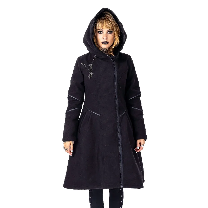 POSSESSION COAT - BLACK Asymmetrical Collar Hooded Zippered