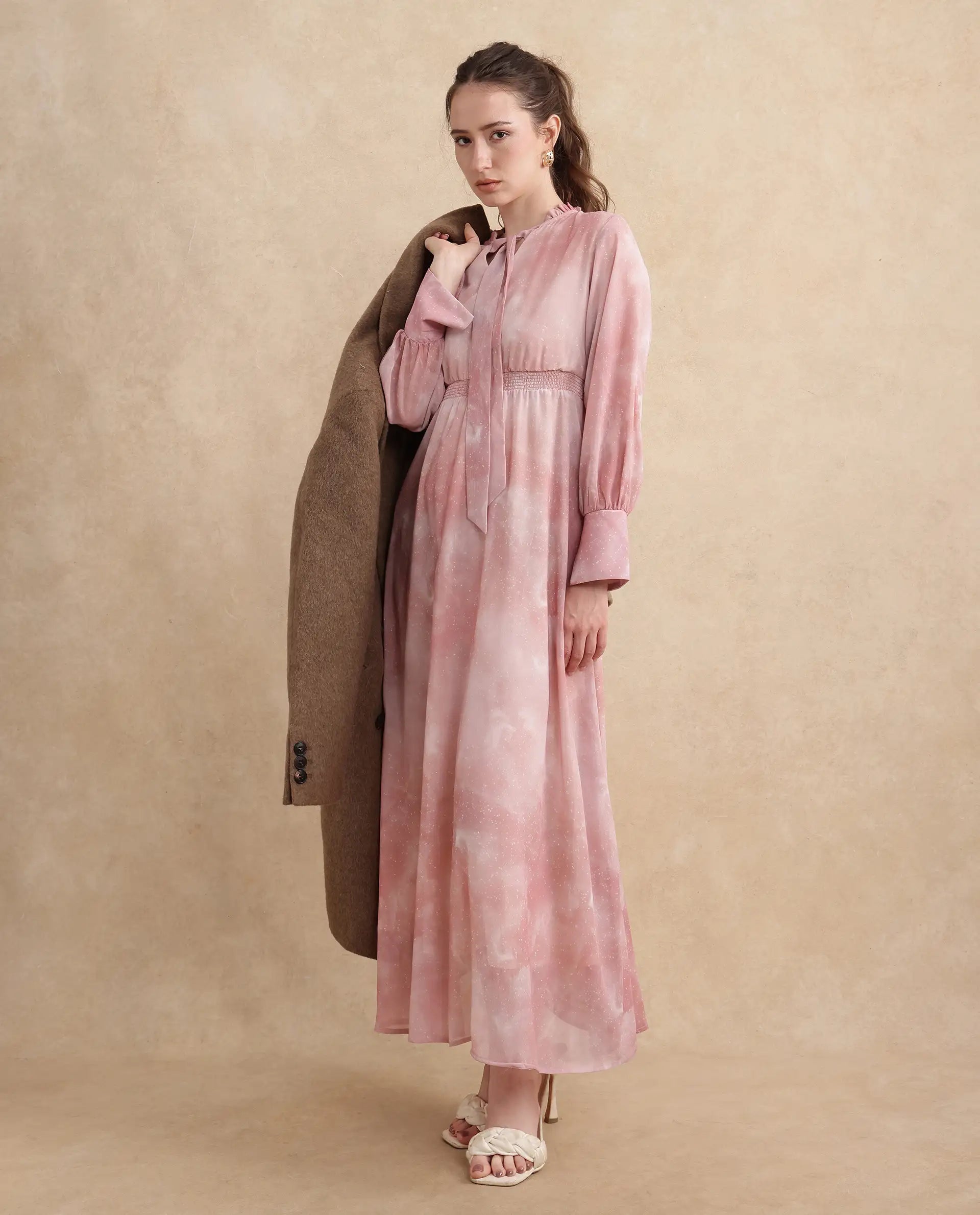 Rareism Women Likp Pink Bishop Sleeves Ruffled Neck Fit And Flare Midi Abstract Print Dress