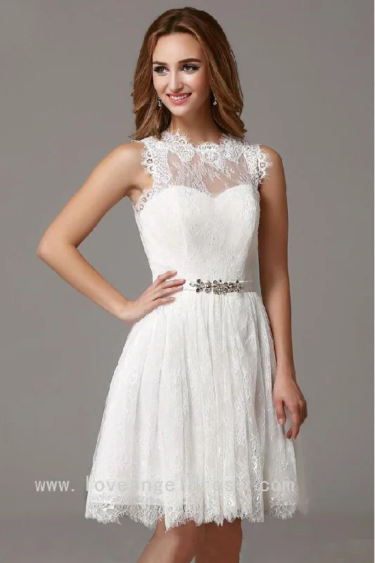 Sleeveless Short Lace Little White Dress for Homecoming Party