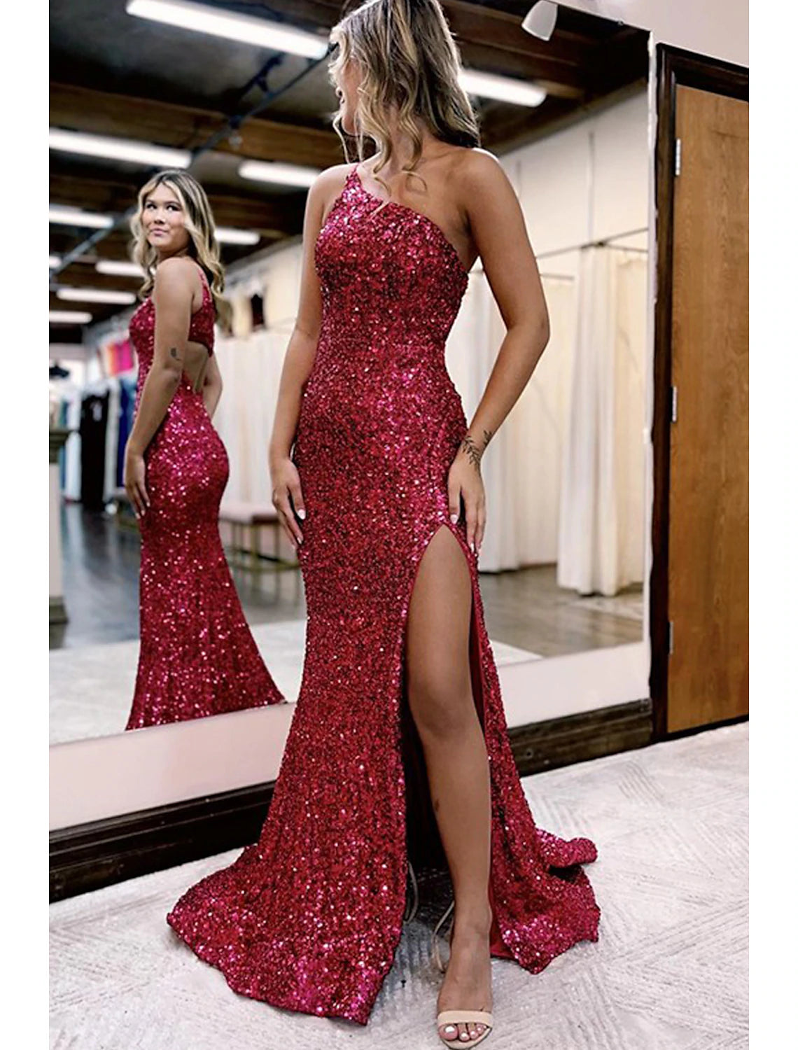 Mermaid / Trumpet Prom Dresses Sparkle & Shine Dress Formal Wedding Party Court Train Sleeveless One Shoulder Sequined with Sequin Slit Mermaid / Trumpet Prom Dresses Sparkle & Shine Dress Formal Wedding Party Court Train Sleeveless One Shoulder Sequined with Sequin Slit