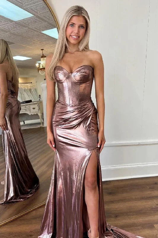 Fashion Sweet Mermaid Brown Satin Sparkly Prom Dresses