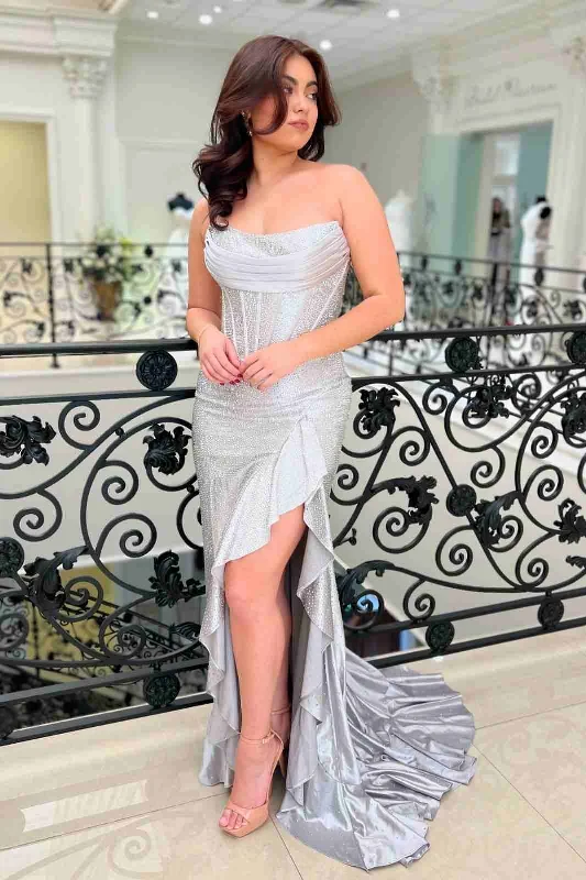 Mermaid Sweetheart Silver Sparkly Satin Long Prom Dresses