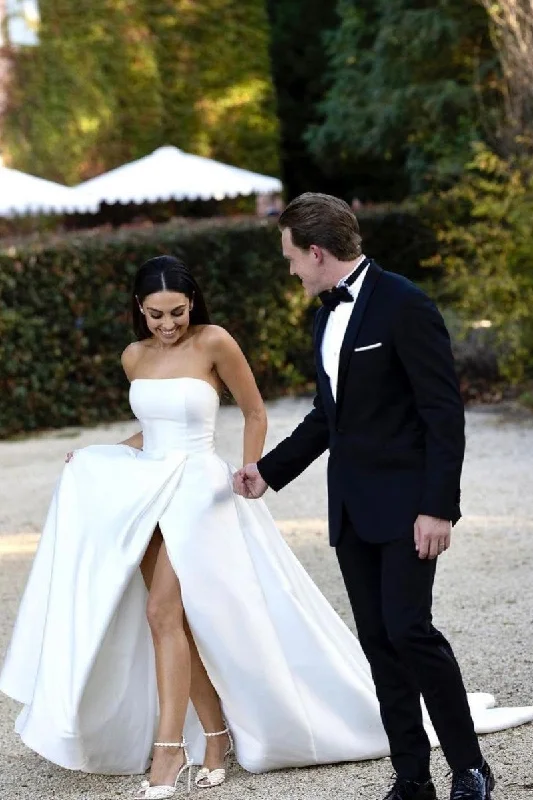 Strapless Satin Bridal Dress with High Split Side