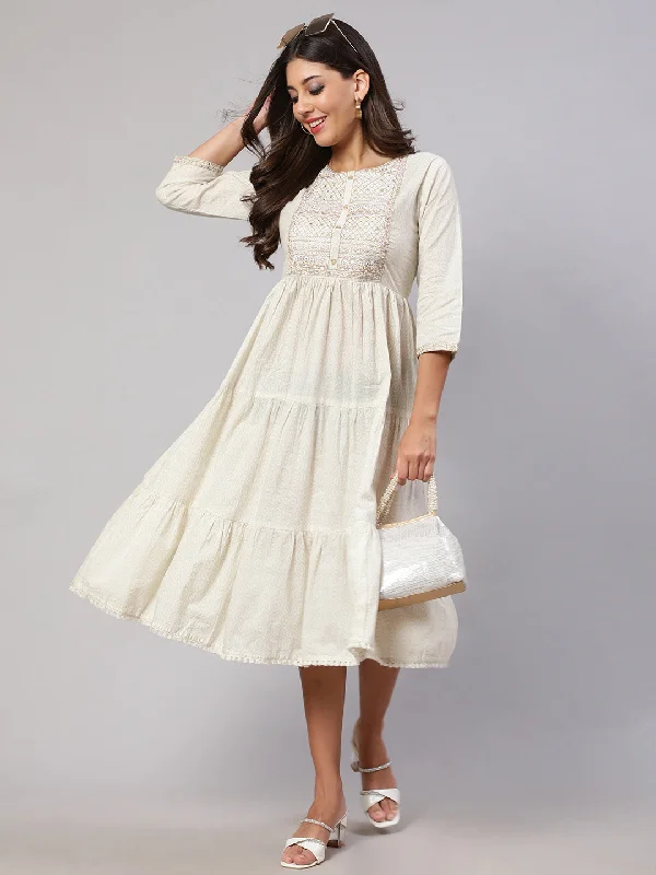 NOZ2TOZ Women Off White Embroidered Gathered Dress