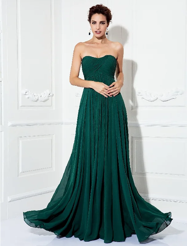 A-Line Minimalist Dress Wedding Guest Formal Evening Sweep / Brush Train Sleeveless Strapless Chiffon with Pleats Ruched A-Line Minimalist Dress Wedding Guest Formal Evening Sweep / Brush Train Sleeveless Strapless Chiffon with Pleats Ruched