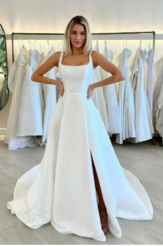 Square Neck Satin Bride Dress with Split Side