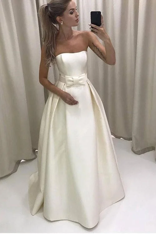 Strapless Satin Simple Bride Dress with Bow Sash