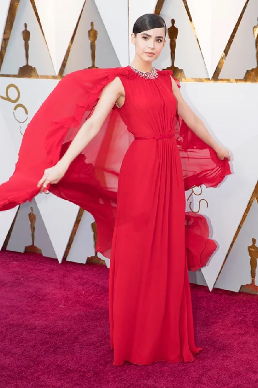 Sofia Carson Red Chiffon Prom Celebrity Dress with Jewelry Neck