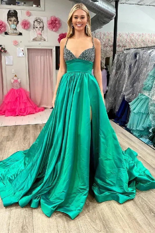 Emerald Beaded V-Neck A-Line Long Prom Dress