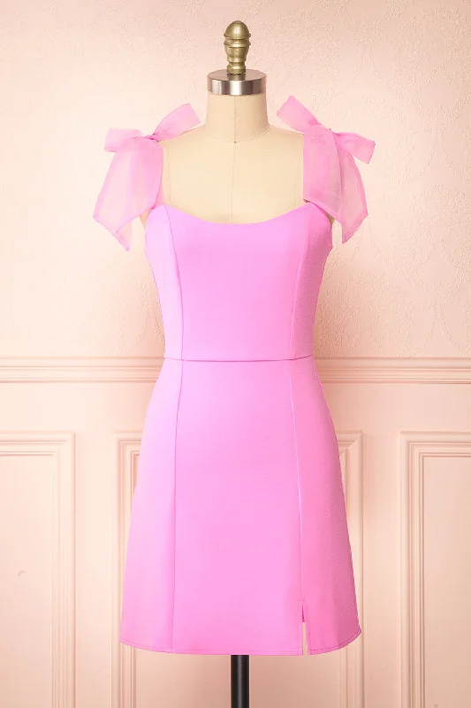 Laraina | Short Fitted Pink Dress w/ Tie Ribbon Straps