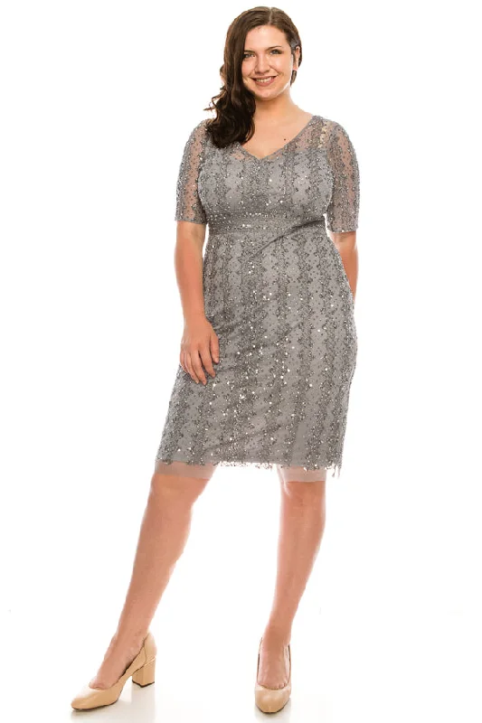 Adrianna Papell Silver Grey Sequined Beaded Elbow Sleeved Cocktail Dress
