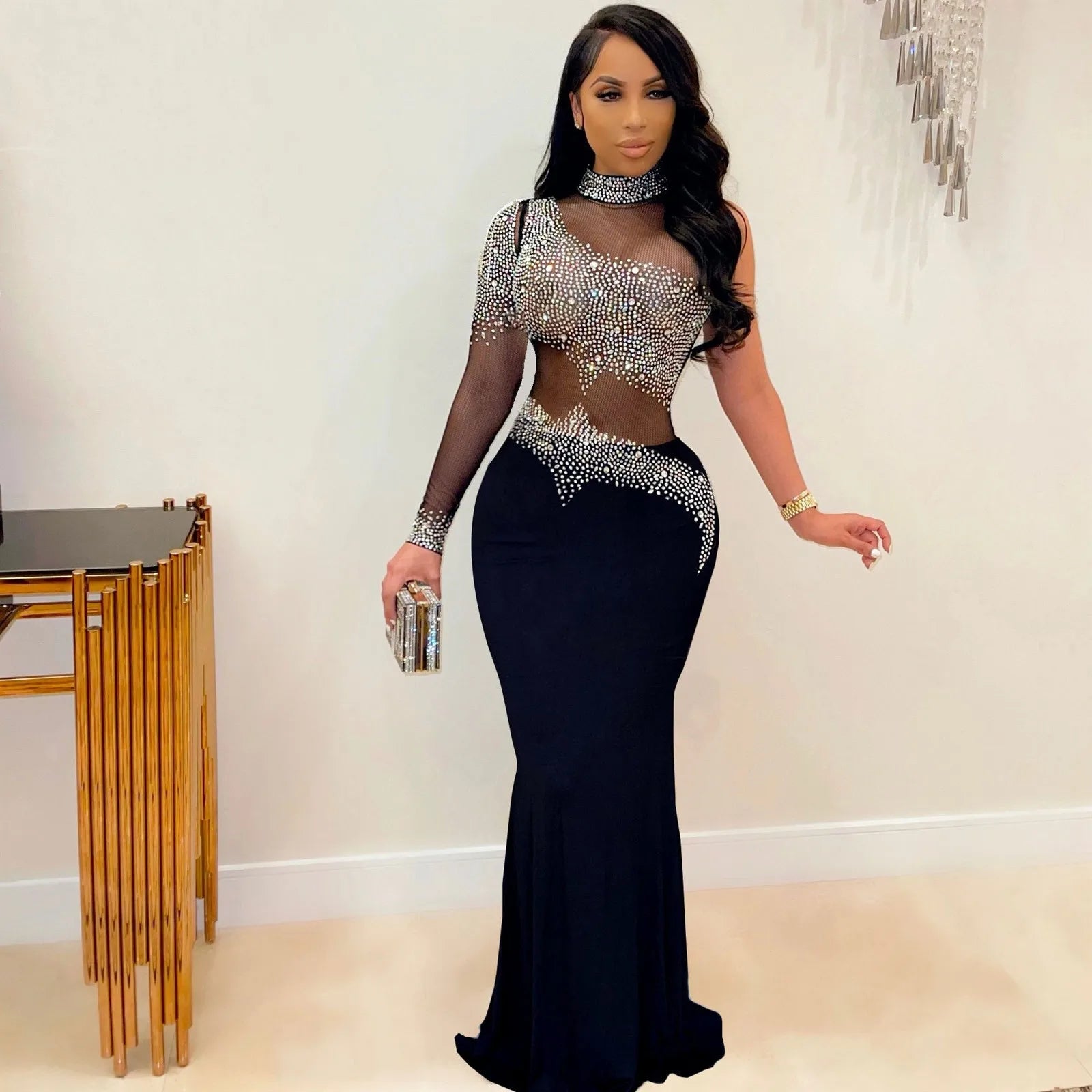 FashionSierra - Mesh Rhinestone Elegant And Pretty Single Sleeve Maxi Party Gown Bodycon Womens Gown Women Dress FashionSierra - Mesh Rhinestone Elegant And Pretty Single Sleeve Maxi Party Gown Bodycon Womens Gown Women Dress