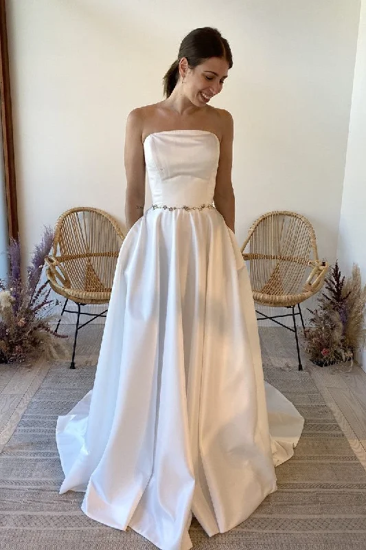 Strapless Satin Bridal Dresses with Jewelry Sash