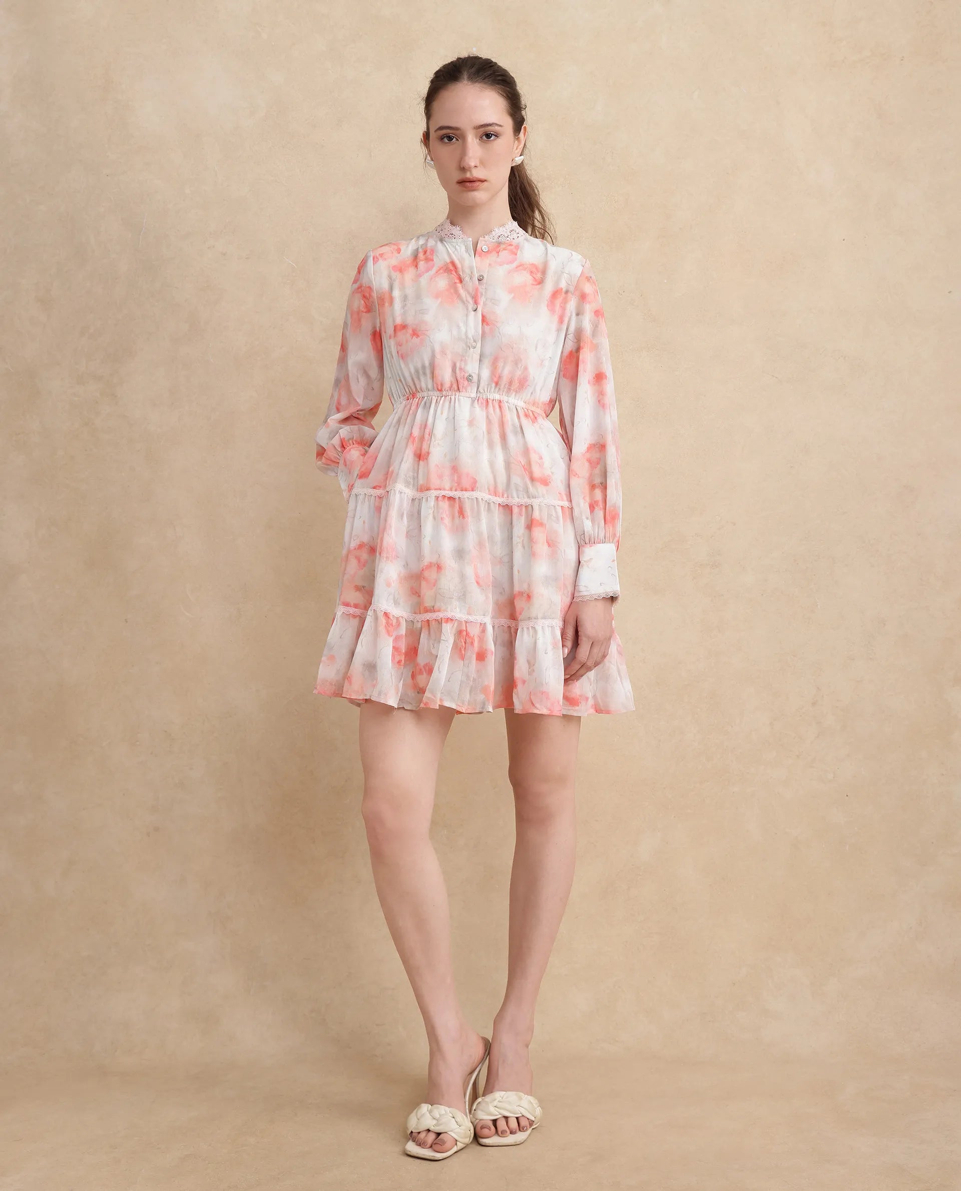 Rareism Women Viver Off White Puff Sleeve Ruffled Neck Fit And Flare Printed Dress