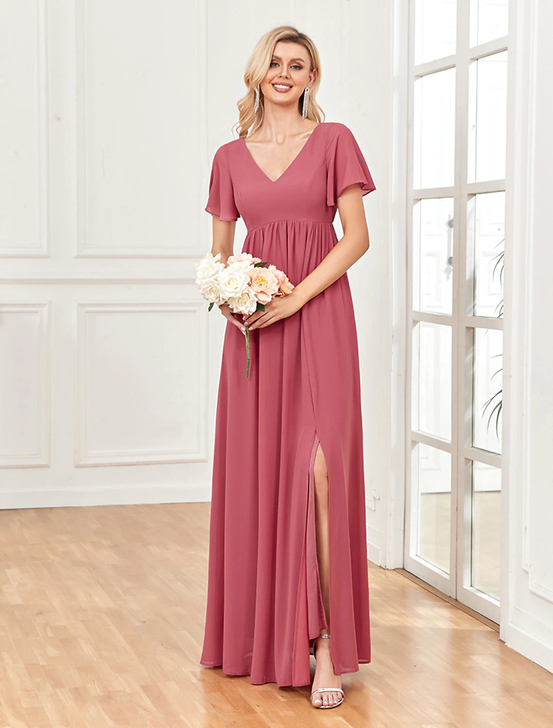 A-Line Evening Gown Empire Dress Party Wear Wedding Party Floor Length Short Sleeve V Neck Chiffon V Back with Slit A-Line Evening Gown Empire Dress Party Wear Wedding Party Floor Length Short Sleeve V Neck Chiffon V Back with Slit