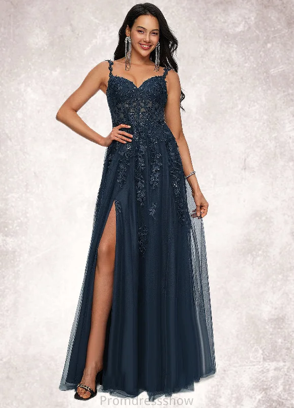 Elena A-line V-Neck Floor-Length Tulle Prom Dresses With Sequins STKP0022224