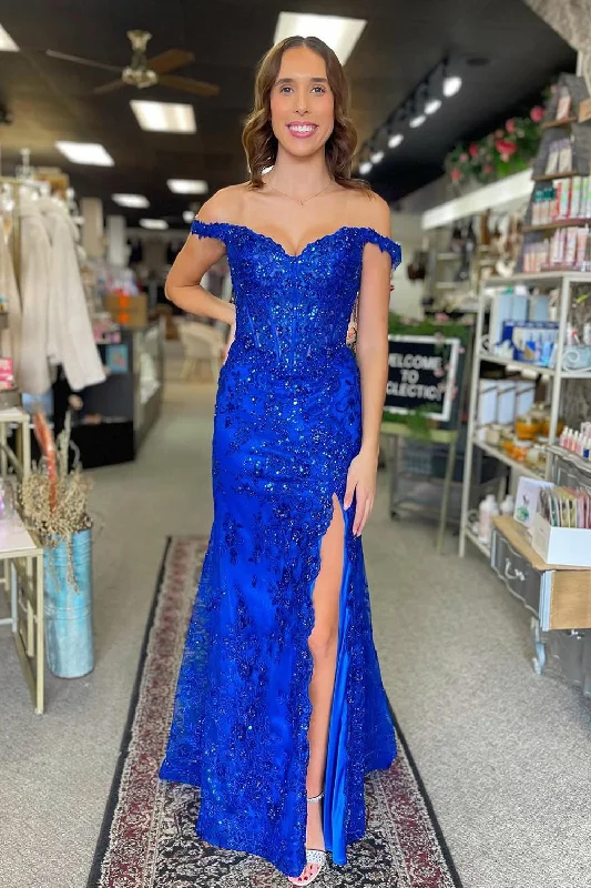 Mermaid Off the Shoulder Royal Blue Sequins Lace Prom Dresses