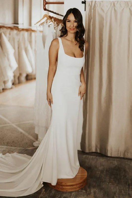 Square Neck Simple Bridal Dresses with Sweep Train