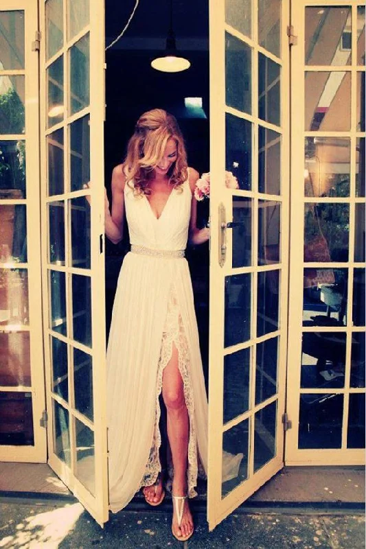 Charming V-Neck Lace Sleeveless Side Slit Vintage Prom Dresses