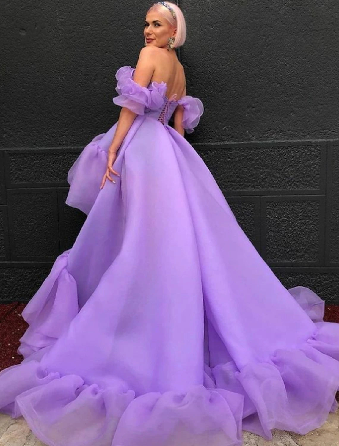 A-Line Prom Dresses High Low Dress Quinceanera Asymmetrical Purple Short Sleeve Off Shoulder Tulle with Tier A-Line Prom Dresses High Low Dress Quinceanera Asymmetrical Purple Short Sleeve Off Shoulder Tulle with Tier
