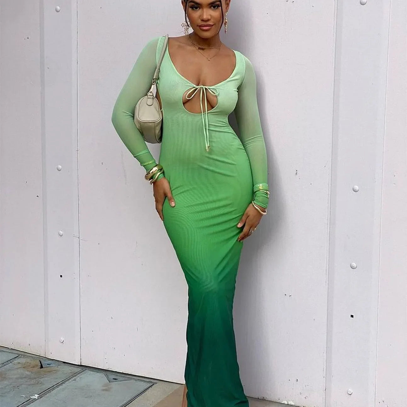 Sleeve Backless Hollow Out Lace Up Slit Sexy Bodycon Fall Women Birthday Party Cut Out Dress