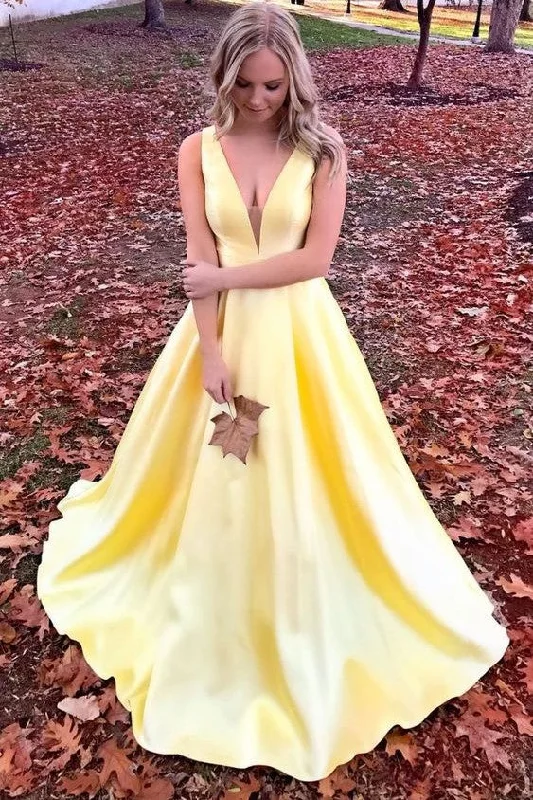 Simple Yellow Satin Prom Dresses with V-neckline